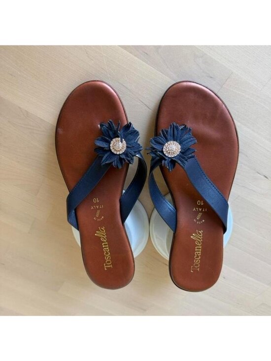 Toscanella Shoes - Toscanella Navy Thong Low Wedge Sandals Sz 9.5 Rhinestone Flower Made In Italy